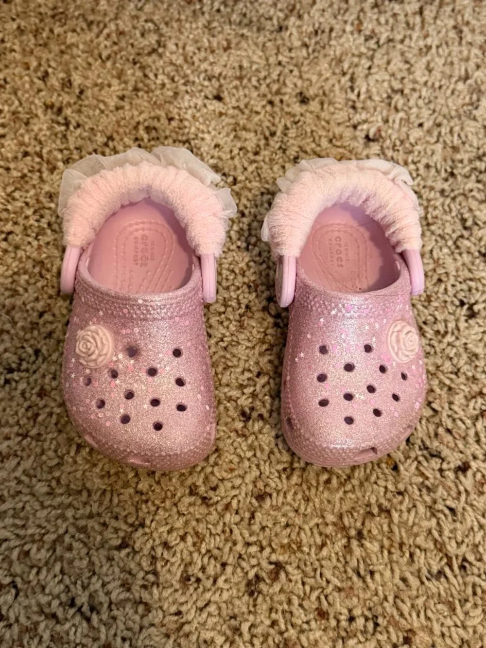 Crocs Classic Ballerina Clog 4C Pink Glitter Stars Ruffle Straps Toddler Shoes